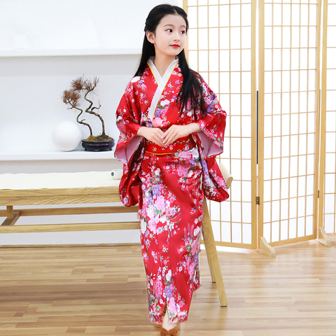 Children Girls Red Japanese Kimono Bathrobe Gown Print Flower Performance Clothing Yukata With Obitage Soft Cosplay Costume ► Photo 1/6