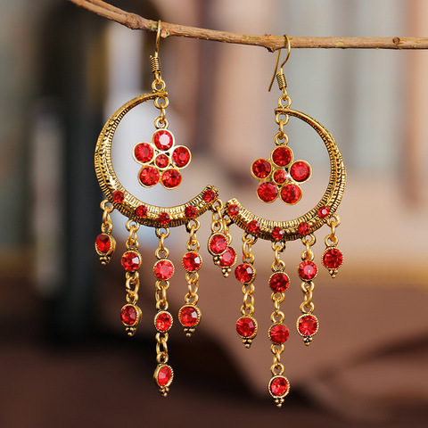 Ethnic Women's Red Flower Bohemian Earrings Vintgae Moon Alloy Beaded Gypsy Jhumka Earrings Oorbellen Hangers ► Photo 1/6