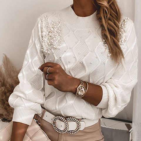 Autumn Winter Women Sweaters 0 Neck Clothing Beaded Decor Long Sleeve Cute Knitted Pullover Warm Sweater White Elegant Jumper ► Photo 1/6