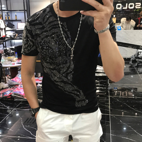 Male Top Tee Personality Tiger Hot Diamond Printing Tshirt Men 2022 Streetwear Tee Shirt Homme Camiseta Masculina Funny T Shirts ► Photo 1/1