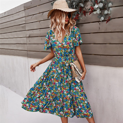 2022 Spring New Short Sleeve Floral Dress Women Casual High Waist Sexy V Neck Print Dress For Woman Summer Knee Length Dress ► Photo 1/1