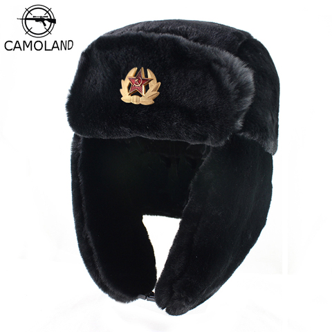 CAMOLAND Soviet Trapper Trooper Hat Mens Army Military Russian Ushanka Bomber Hat Winter Warm Caps Pilot Faux Rabbit Fur Earflap ► Photo 1/6