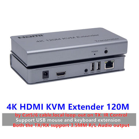 KVM 4K HDMI Extender USB mouse/keyboard Extension 120M by Cat/RJ45/LAN/UTP Network cable,IR Control,TX/RX 3.5MM R/L Audio output ► Photo 1/5