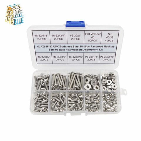 250pcs #8-32 UNC #6-32 UNC Stainless Steel Phillips Pan Head Machine Screws Nuts Flat Washers Assortment Kit ► Photo 1/5