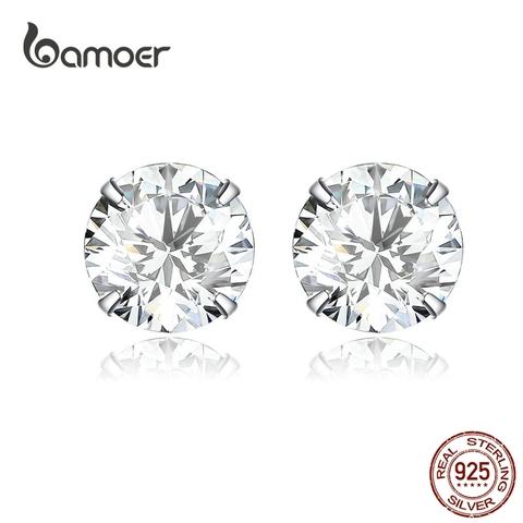 bamoer HOT SALE Basic Wedding Stud Earrings Solid Silver 925 Clear Cubic Zirconia 7mm  Women Statement Jewelry BSE166 ► Photo 1/5