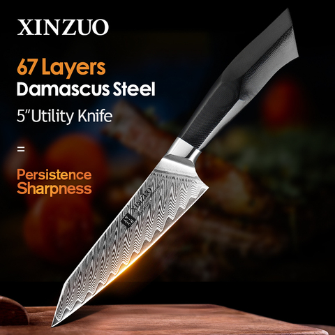 2022 XINZUO 5'' Utility Knife 67 layers Damascus VG10 Steel Black G10 & Mosaic Brass Rivet Handle Newarrive Kitchen Fruit Knives ► Photo 1/6