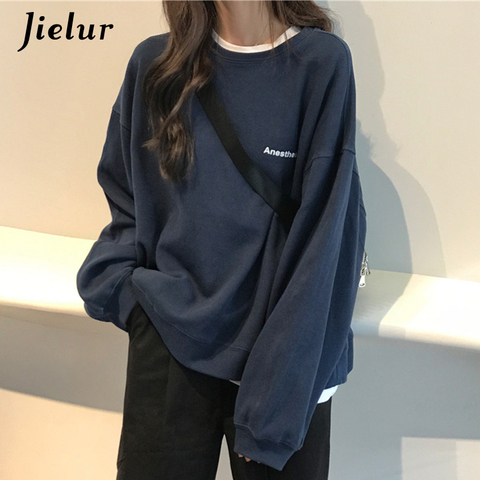 Jielur 2022 New Kpop Letter Hoody Fashion Korean Moletom Chic Women's Sweatshirts Cool Navy Blue Gray Hoodies for Women M-XXL ► Photo 1/6