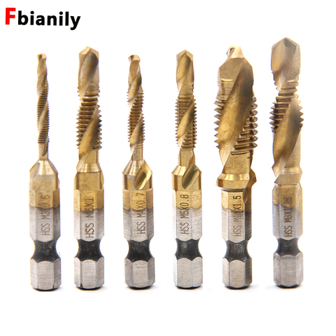 6PCS M3-M10 Hex Shank Titanium Plated HSS Screw Thread Metric Tap Drill Bits Screw Machine Compound Tap Titanium Hand Tools ► Photo 1/6