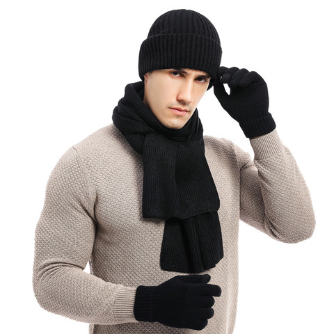 3 piece set of  winter warm men's knitted wool beanie hat scarf gloves set 2022 men's daily leisure ski camping fishing warm set ► Photo 1/6