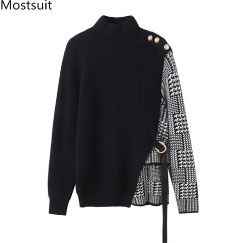 Women Houndstooth Patchwork Pullover Sweater Women Full Sleeve Half-turtleneck Buttons Korean Fashion Office Tops Sweaters 2022 ► Photo 1/6