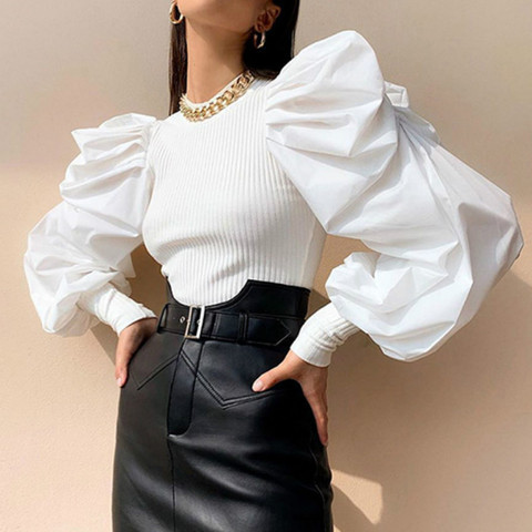 2022 Retro Womens Long Puff Sleeve Blouse Shirts Spring Fall Black White Solid Fashion Elegant Blouses and Tops Female Clothes ► Photo 1/6