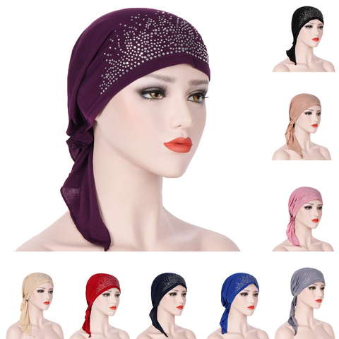 New Turban Hat Women Hot Drilling Headscarf Bonnet Femme Musulman Inner Caps Muslim Wrap Head Scarf Turbante Indian Beanie Cap ► Photo 1/6