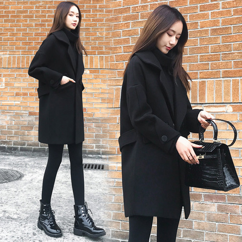 High Quality Fashion Spring Autumn New Women Work Wear Black Jacket Korean Loose Slim Woolen Overcoat Women's Black Coat Women ► Photo 1/6