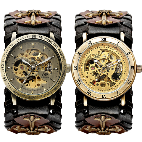 Antique Skeleton Dial Men Automatic Mechanical Watch Vintage Gothic Clock Steampunk Self Winding Watches Brown Rock Reloj Hombre ► Photo 1/6