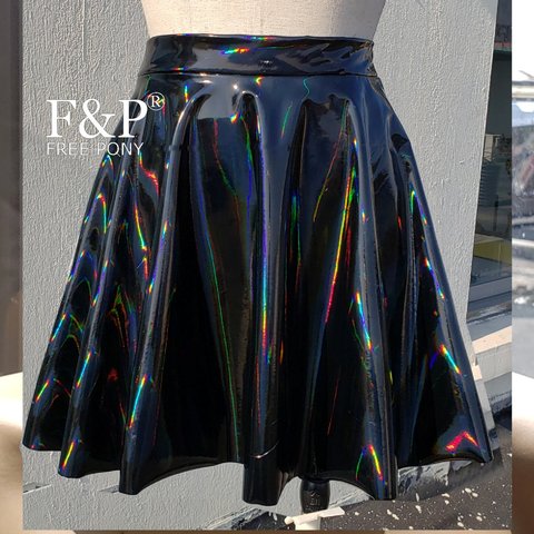 Black Holographic Iridescent PVC Vinyl Rave Skater Skirt Carnival Drag Queen Costume  Burning Man Festival Circle Skirt Bottom ► Photo 1/1