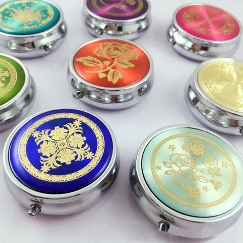 1pc Random Pattern Box Pill Storage Container Medicine Box Metal Round Flower Print Folding Pill Case Medicine Organizer ► Photo 1/6