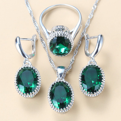 Wholesale Price 8-Colors Silver Color  Women Bridal Jewelry Sets Green Stone CZ Dangle/Earrings/Necklace And Ring Sets ► Photo 1/6