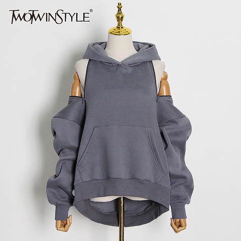 TWOTWINSTYLE Casual Solid Sweatshirt For Women Hooded Collar Long Sleeve Hollow Out Minimalist Sweatshirts Female Fashion Fall ► Photo 1/6