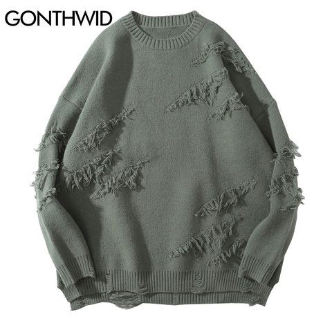 GONTHWID Distressed Destroyed Knitted Jumper Sweaters Streetwear Men 2022 Hip Hop Harajuku Fashion Casual Pullover Knitwear Tops ► Photo 1/6