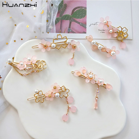 HUANZHI 2022 New Sweet Pearl Japan Cherry Blossoms Hair Clip Pink Acrylic Metal Headwear Hairpin for Women Girls Accessories ► Photo 1/6