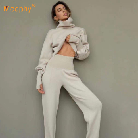 Turtleneck Sweater 2 Pieces Set Women Setchic Knitted Pullover Top + Sweater Pants Jumper Tops Trousers Sweater Suit 2022 Winter ► Photo 1/6