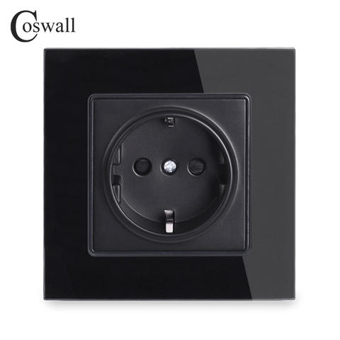 Coswall Wall Crystal Glass Panel Power Socket Plug Grounded, 16A Black EU Standard Electrical Outlet 86mm * 86mm ► Photo 1/6