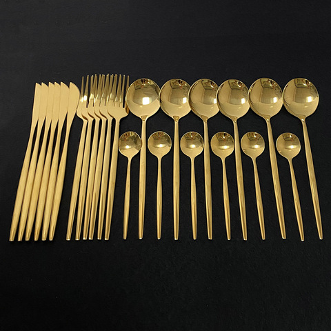 24pcs Gold Dinnerware Set 18/10 Stainless Steel Cutlery Set Fork Knife Spoon Tableware Set Flatware Set Silverware Set Gift Box ► Photo 1/6