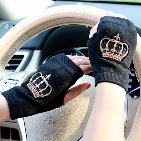 20 design winter Gloves women embroidery Crown flower half finger gloves girls  Warm Knitted mittens men guantes ► Photo 1/4