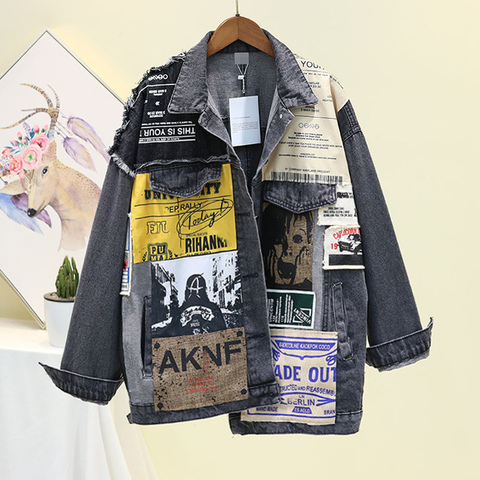 [EWQ] Vintage Full Sleeve Appliques Newspaper Pattern Large Size Black Denim Jacket Leisure Trend Coat  2022 Autumn New QL14001 ► Photo 1/6