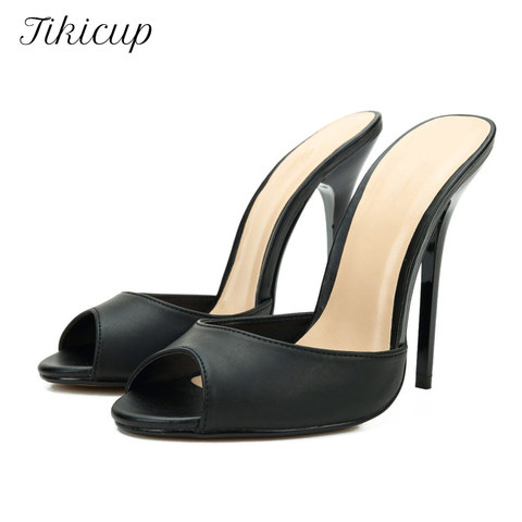 Tikicup Matte Black Women 13cm Extremely High Heel Slide Sandals Summer Backless Stilettos Pumps Chic Ladies Peep Toe Mule Shoes ► Photo 1/1