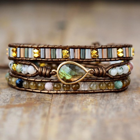 Women Ethnic Leather Wrap Bracelet W/ Labradorite Rhinestone Beaded 3 Strands Bracelet Boho Jewelry Wholesale Dropshipping ► Photo 1/4