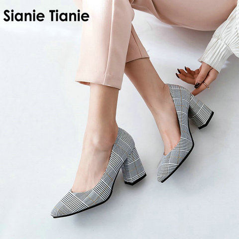 Sianie Tianie checked plaid pointed toe office career woman pumps stiletto dress shoes high heels shoes ladies plus size 45 46 ► Photo 1/1