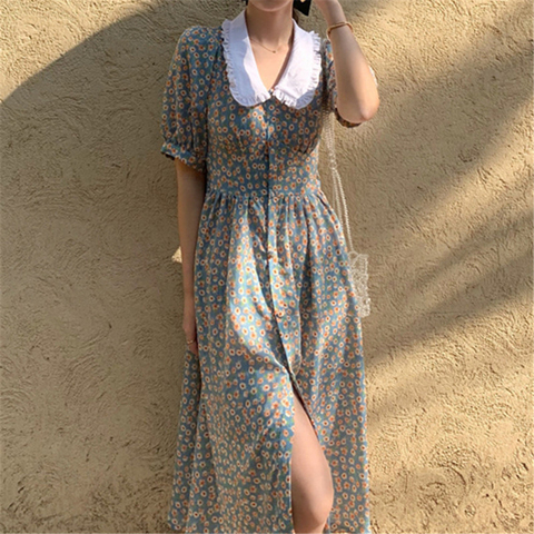 Women Chiffon Dress 2022 Summer Fashion Female Puff Sleeve Vintage Floral Print Peter Pan Collar Boho Dress Casual Vestidos ► Photo 1/6