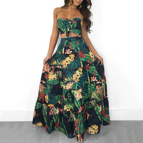 Sexy Women Boho Two Piece Set Crop Top Long Skirt Floral Printed Bandeau Strapless Bandage Ruffles High Waist Skirts Holiday Set ► Photo 1/6