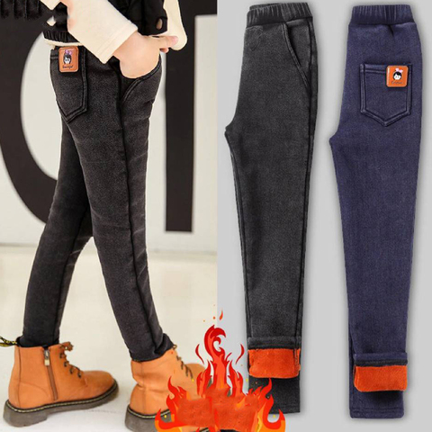 New Teenage Children Girls Jeans 2022 Warm Fashion Elastic Waist Pants Kids Thicken Jeans For Girls Trousers Blue/Black Color ► Photo 1/6