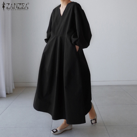 Retro Solid Maxi Dress Women's Autumn Sundress ZANZEA 2022 Casual Puff Sleeve Baggy Vestidos Female V Neck Robe Oversized 5XL ► Photo 1/6