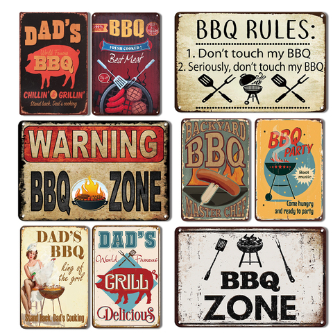 BBQ Zone Metal Sign Vintage Yard & Garden Decoration Plaque Barbecue Rules Slogan Kitchen Decor Poster Wall Stickers Plates ► Photo 1/6