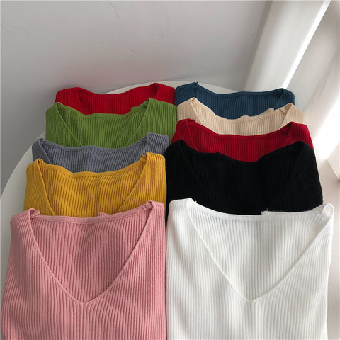 Korean Full sweater 2022 Autumn Winter V-neck Knit Long Sleeves Slim Skinny soft Fashion Women's Thin Sweater Female Pullovers ► Photo 1/6