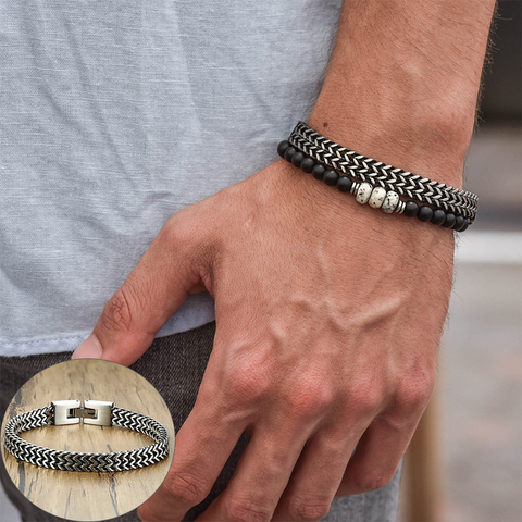 Vnox Retro Men's Bracelet Cool Metal Foxtail Franco Chain Wristband Interlocked Stainless Steel Curban Link Punk Vintage Jewelry ► Photo 1/6