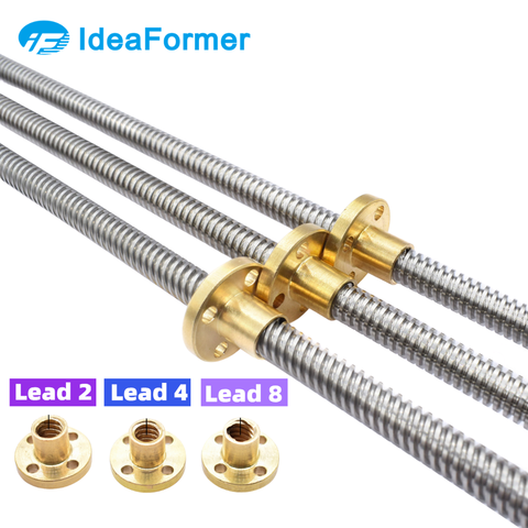 3D Printer Parts T8 Lead Screw 2mm/4mm/8mm pitch 2mm length 200-600mm trapezoidal spindle screw with brass Copper nut ► Photo 1/6