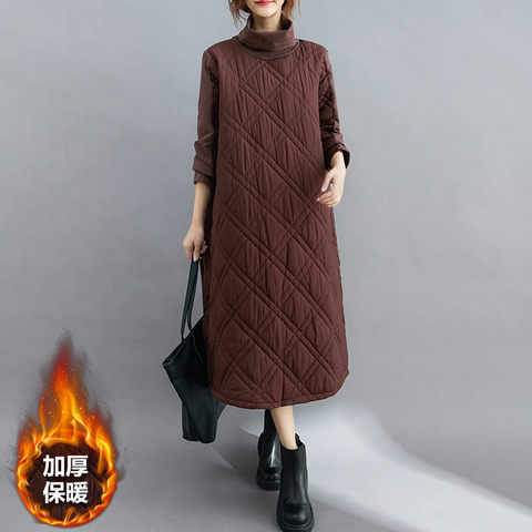 Retro Quilted Diamond Dress Thick Stitching Warm Autumn Winter Clothing New Plus Size Women's High-Neck Casual Long Tunic y750 ► Photo 1/6