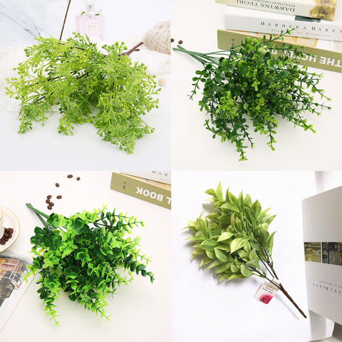 1pc Artificial Flowers with Leaf Green Grass Plastic Plants Fake Leaf Foliage Bush for Home Wedding Decoration Party Supplies ► Photo 1/6