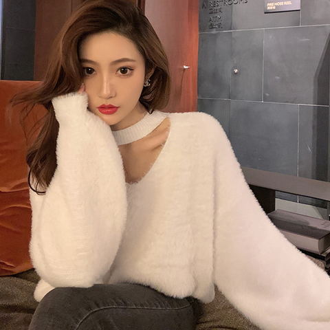 Halter V-Neck Loose Knitted Sweater Women Mink Cashmere Jumpers Oversized Elastic Casual Pullovers Lantern Sleeve Vintage X470 ► Photo 1/5