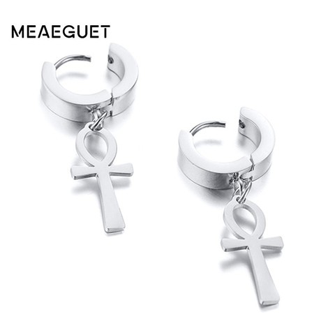 Drop Cross Huggie Hoop Earrings Egyptian Ankh Michael Hang Dangle Drop Earrings Black Stainless Steel Male Punk Jewelry ► Photo 1/6