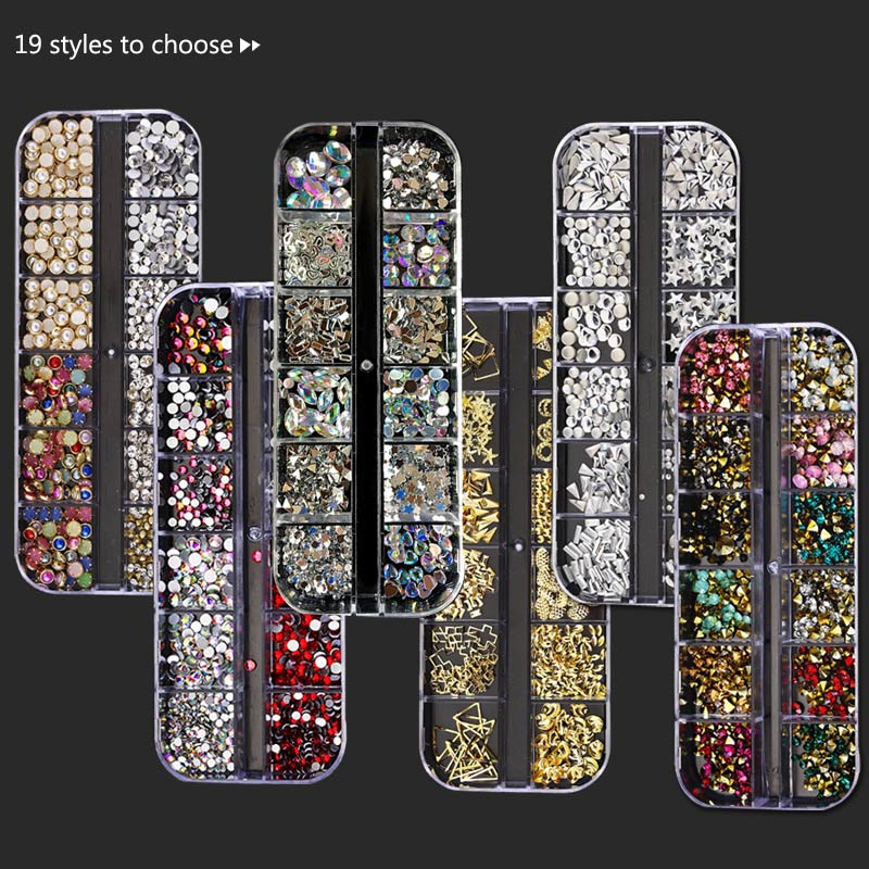 1 Box Glitter Nail Rhinestones Mixed Sizes AB Color Nail Beads 3D