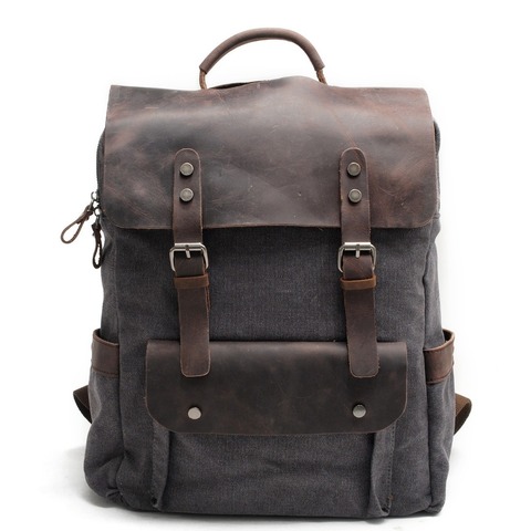 laptop men's backpack waxed canvas Backpack Vintage Canvas Backpack Leather School Bag Neutral Portable Wearproof Travel Bag ► Photo 1/6