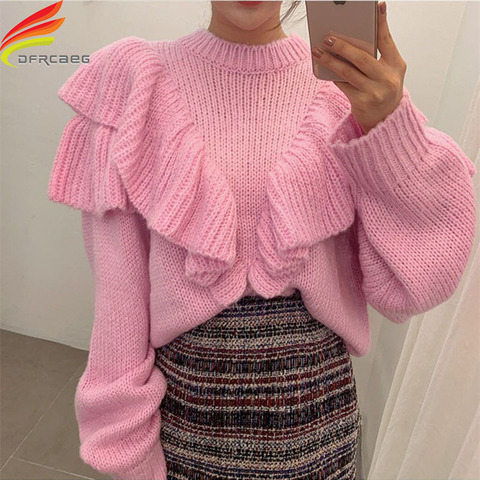 Spring 2022 New Long Flare Sleeve Women Pullovers And Sweaters Knitted Streetwear Beige Or Pink Ruffles Jumper Sweaters ► Photo 1/6