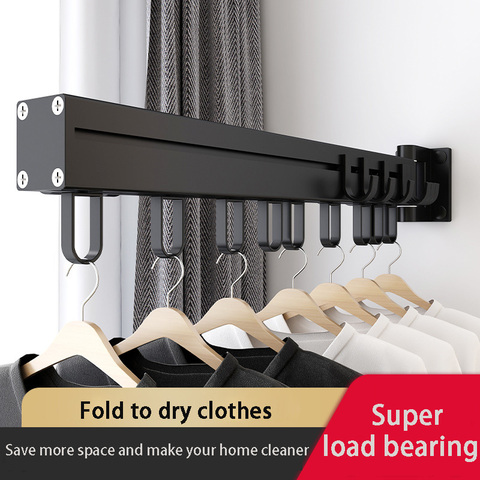 Black Folding Drying Rack Wall Mounted Telescopic Clothes Rack Indoor And Outdoor Simple Clothes Hanger Clothes Hook Clothesline ► Photo 1/6