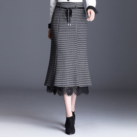 Elegant Vintage Plaid Skirts Womens Lace Patchwork High Waist Mermaid Skirt Female Slim Office Clothes Lacintg Midi Skirt ► Photo 1/6