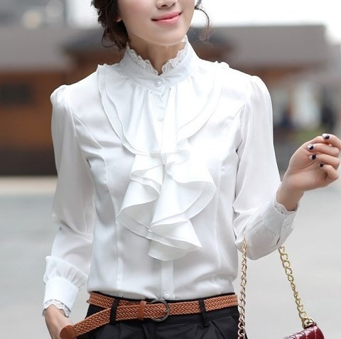 Women Pink White Silver Tops Blouses Long Sleeve Womens Work Ruffle Shirts Stand Collar Slim Waist Shirts Office Ladies Camisa ► Photo 1/6